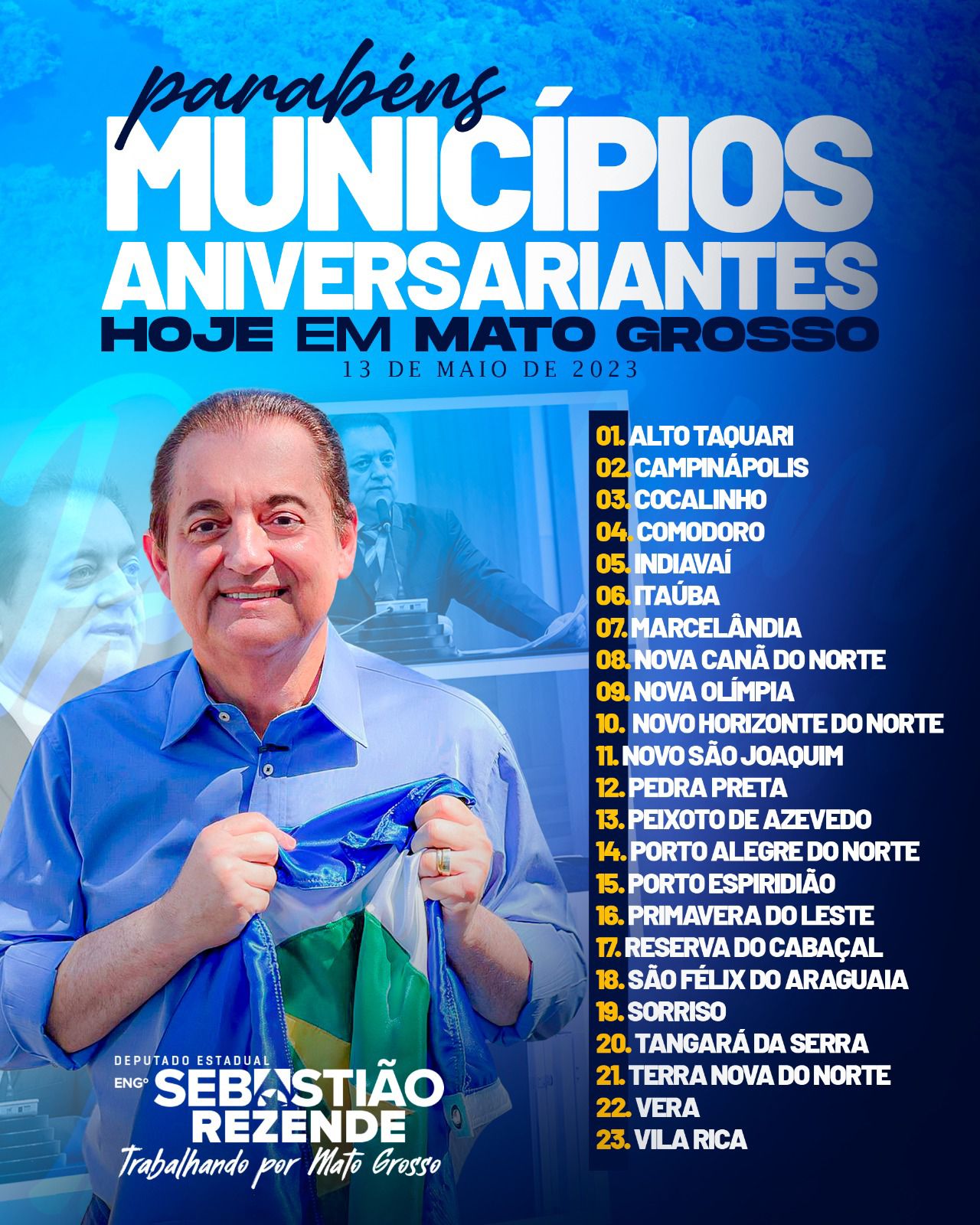 COMEMORAÇÃO|: Deputado Sebastião Rezende ressalta a importância dos 23 Municípios de MT que celebraram aniversário neste Sábado